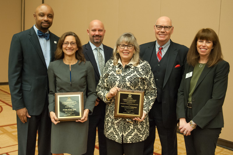 Deane Brown with the Chief Judge of the U.S District Court for the Northern District of Illinois (Rtd) James Holderman, Honoree and ISBA Past President Paula H. Holderman, Honoree and DePaul Law School Dean Jennifer Rosato Perea, IBF President Shawn S. Kasserman, and ISBA Prsident Elect Vincent Cornelius 
