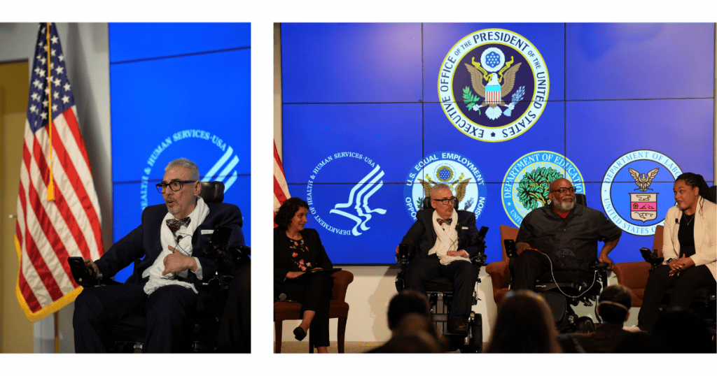 First image: Attorney Andrés Gallegos presenting at the White House Forum on Disability Rights in Washington, D.C. for the 50th  Anniversary of the Rehabilitation Act of 1973.

Second Image: Attorney Andrés Gallegos presenting at Washington,  D.C. alongside three other speakers. 
